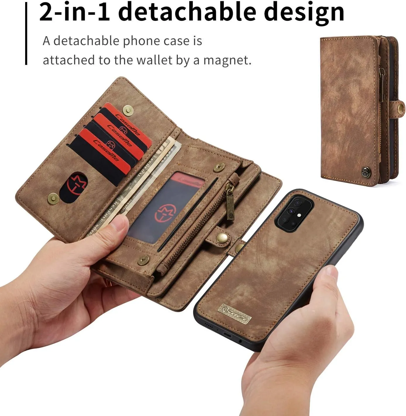 Samsung A51 4G Wallet Leather Case Detachable Magnetic Zipper Flip Case 11 Card Slots Holder Wrist Strap Handle Shockproof Cover Pocket Wallet Handbag for Samsung A51 4G A515F (Brown)