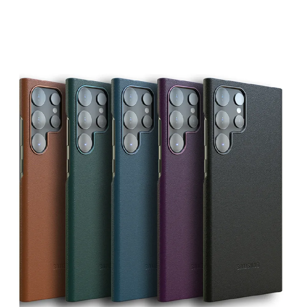 Samsung Galaxy S22 Ultra Super Slim Vegan Leather Case with Logo and Side Cut - Black
