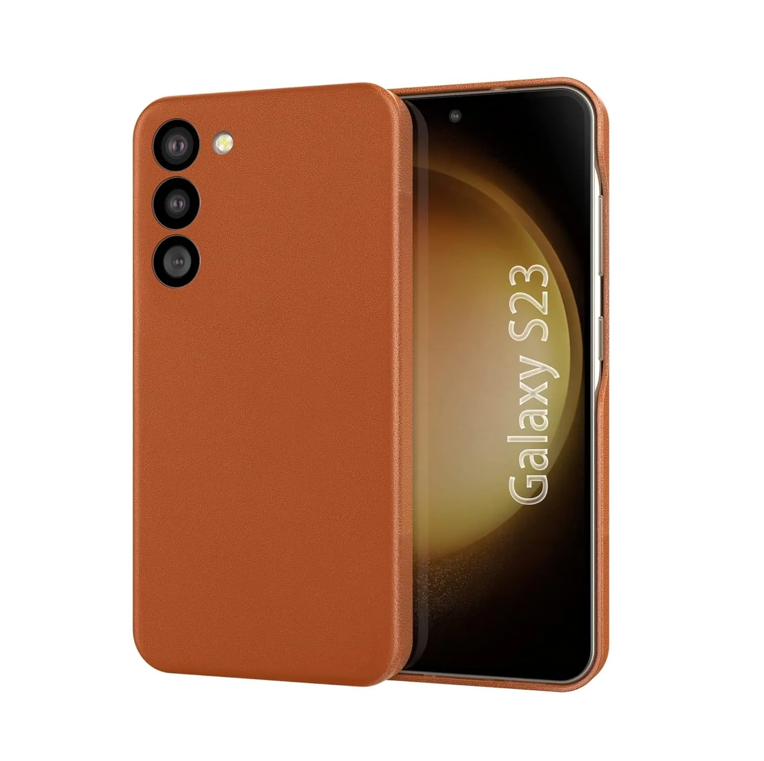 Samsung Galaxy S23 Leather Case with Logo and Side Button Cutout - Brown