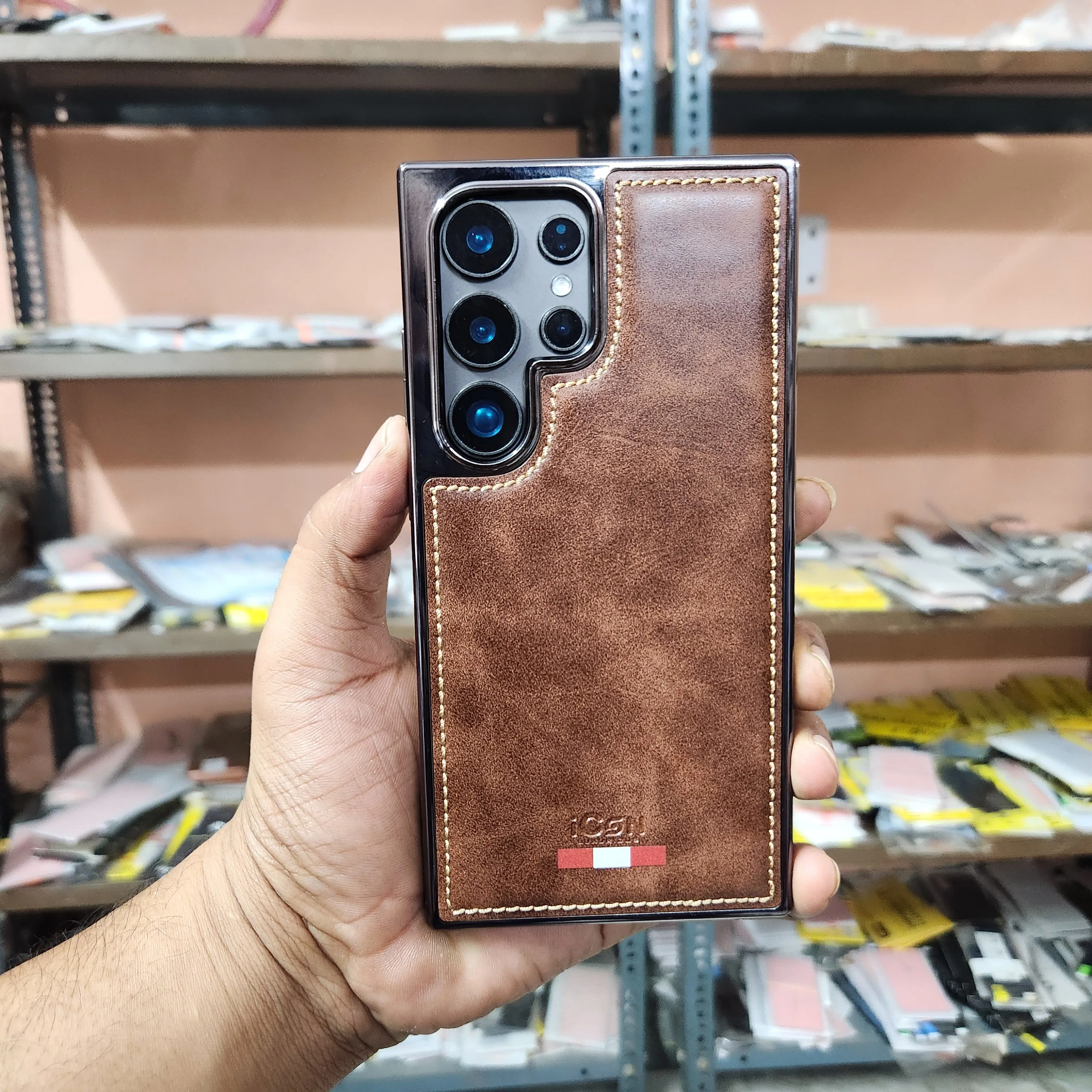 Samsung Galaxy S23 Ultra Super Slim Premium Quality Genuine Leather Case - Brown / Blue