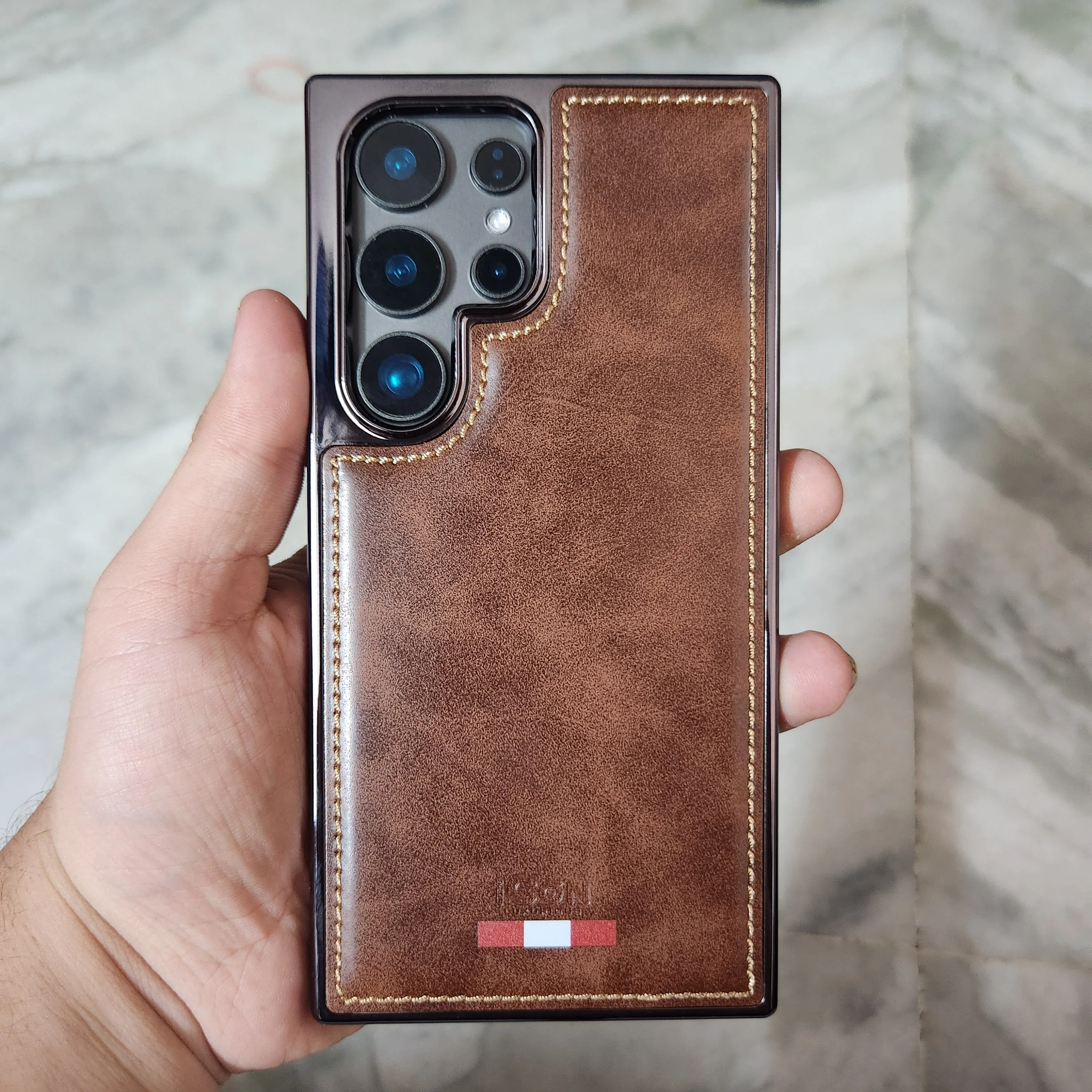 Samsung Galaxy S23 Ultra Super Slim Premium Quality Genuine Leather Case - Brown / Blue