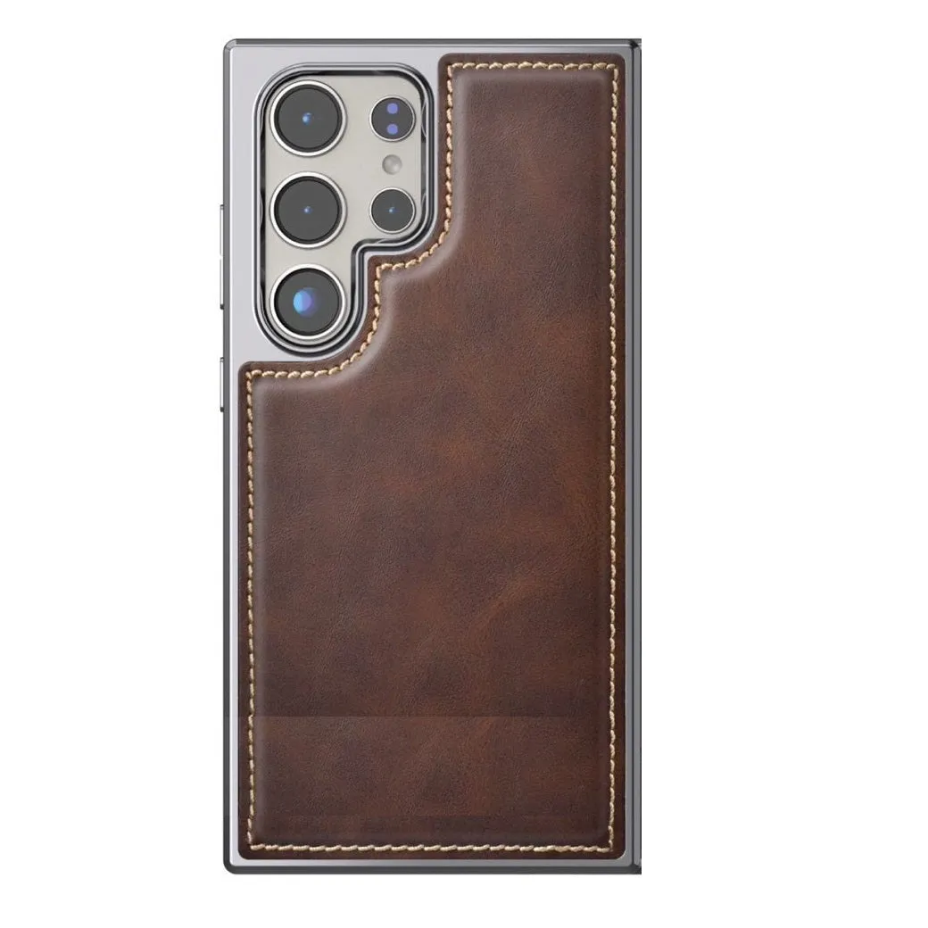 Samsung Galaxy S23 Ultra Super Slim Premium Quality Genuine Leather Case - Brown / Blue