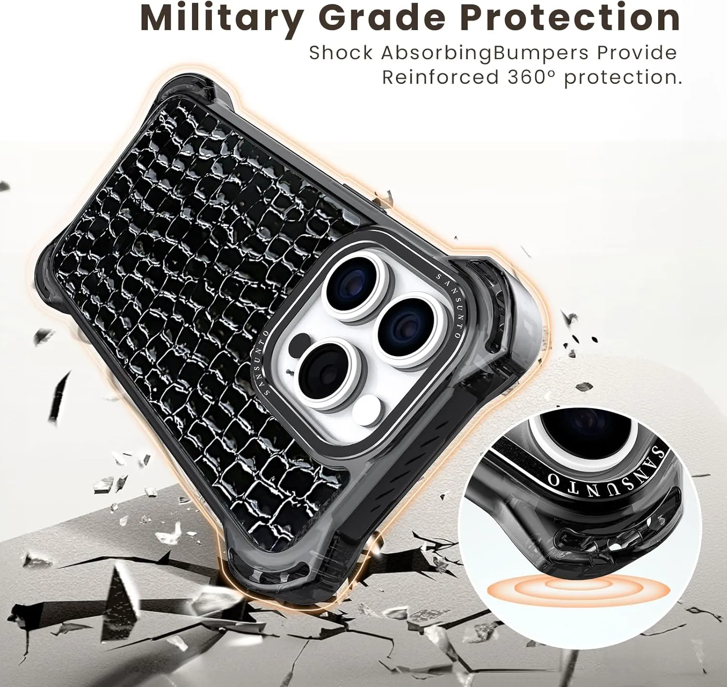 Sansunto Case for iPhone 15 Pro Max, Full Body Protection Ultra Impact [Compatible with Magsafe] Shockproof Slim Fit Protective Phone Case for Women & Men (Black Crocodile, for iPhone 15 Pro Max)