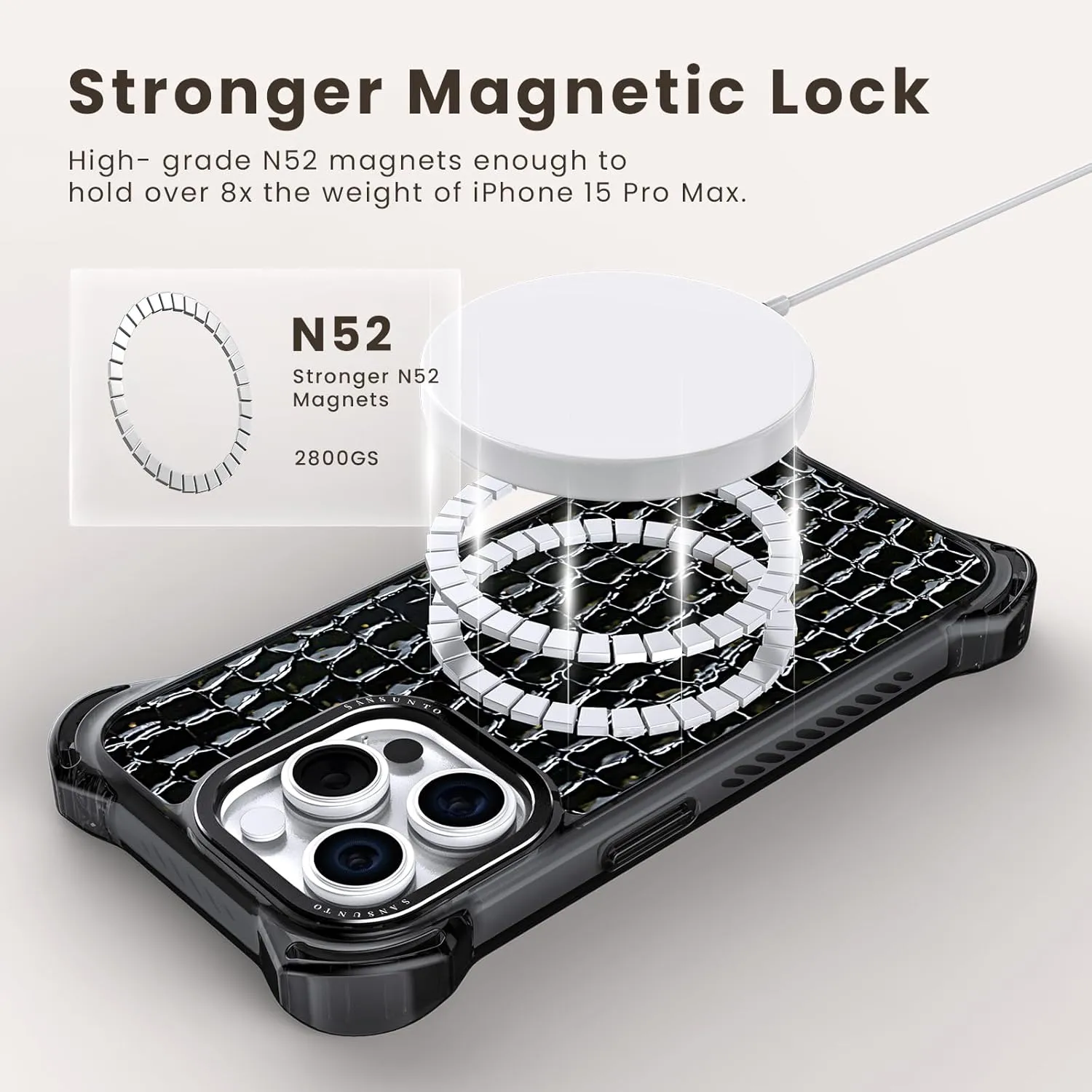 Sansunto Case for iPhone 15 Pro Max, Full Body Protection Ultra Impact [Compatible with Magsafe] Shockproof Slim Fit Protective Phone Case for Women & Men (Black Crocodile, for iPhone 15 Pro Max)