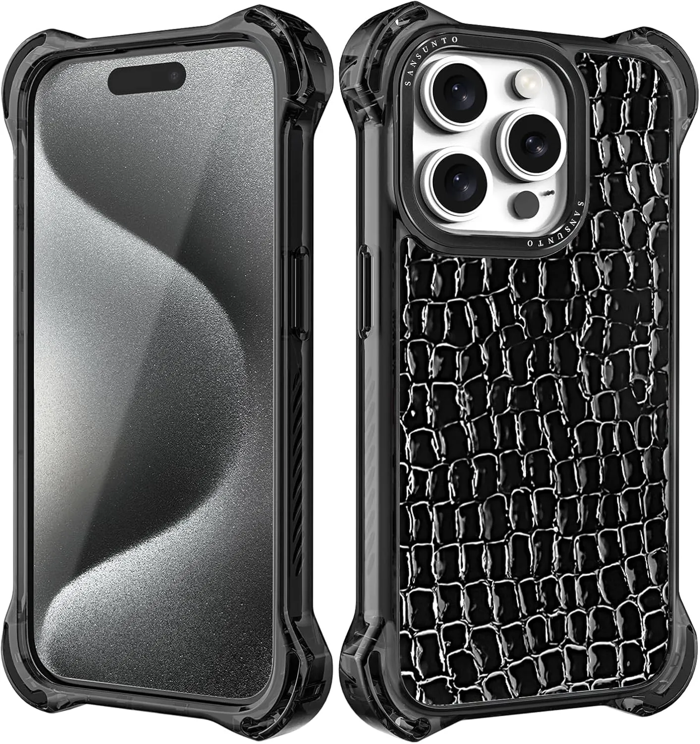 Sansunto Case for iPhone 15 Pro Max, Full Body Protection Ultra Impact [Compatible with Magsafe] Shockproof Slim Fit Protective Phone Case for Women & Men (Black Crocodile, for iPhone 15 Pro Max)