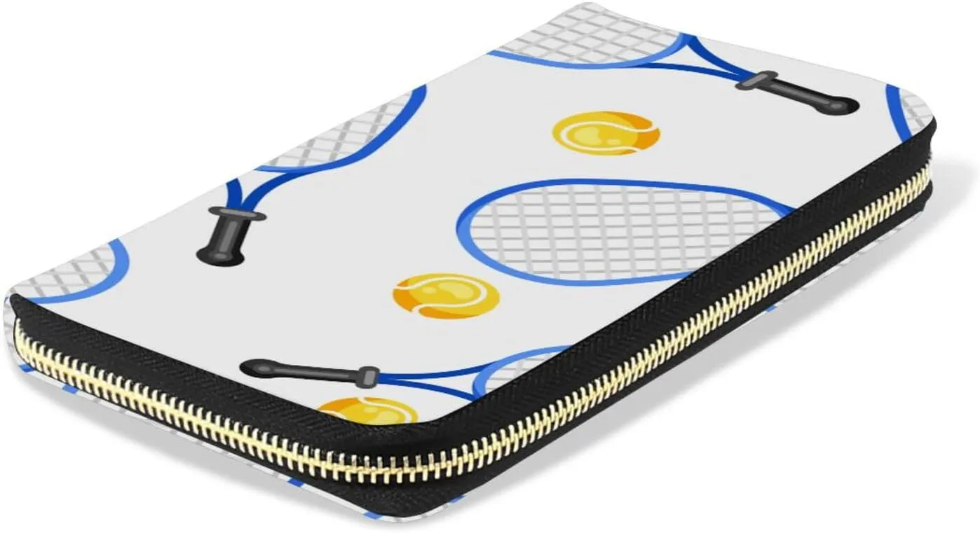 Seamless Blue Tennis Rackets and Yellow Balls On White Leather Long Wallet Organizer with Zipper Purse Clutch Bag for Women Men Key Card Coin Passport Checkbook 8 x 4 inch
