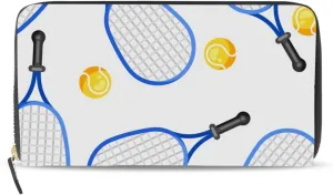 Seamless Blue Tennis Rackets and Yellow Balls On White Leather Long Wallet Organizer with Zipper Purse Clutch Bag for Women Men Key Card Coin Passport Checkbook 8 x 4 inch