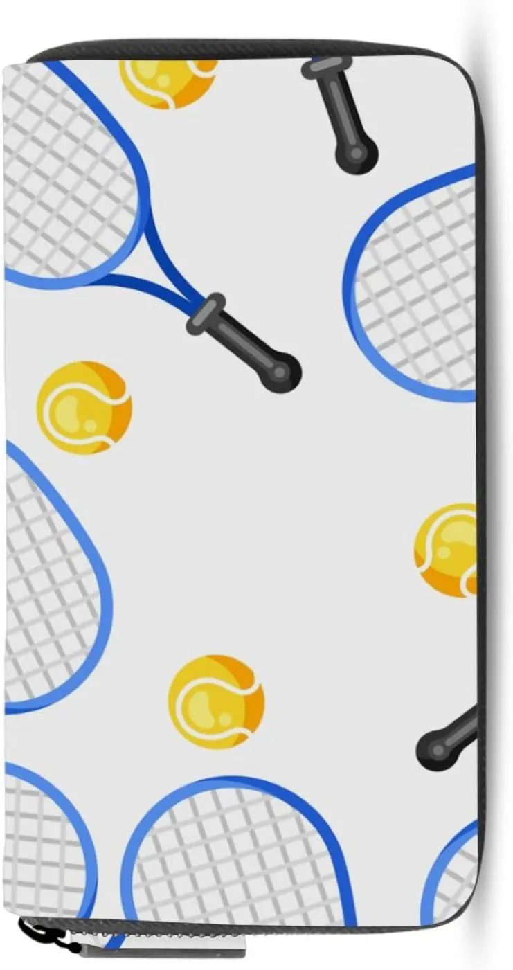 Seamless Blue Tennis Rackets and Yellow Balls On White Leather Long Wallet Organizer with Zipper Purse Clutch Bag for Women Men Key Card Coin Passport Checkbook 8 x 4 inch