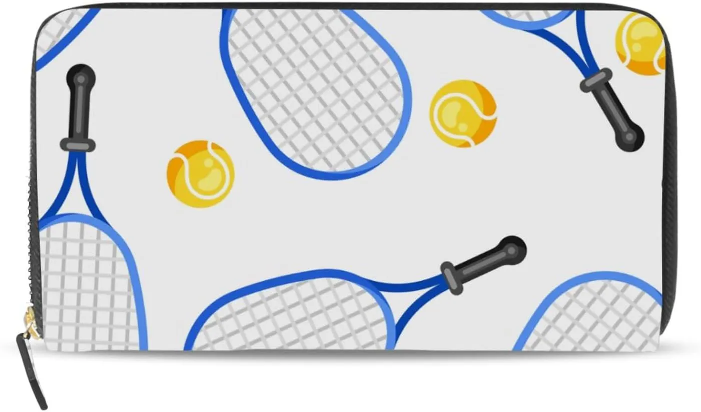 Seamless Blue Tennis Rackets and Yellow Balls On White Leather Long Wallet Organizer with Zipper Purse Clutch Bag for Women Men Key Card Coin Passport Checkbook 8 x 4 inch
