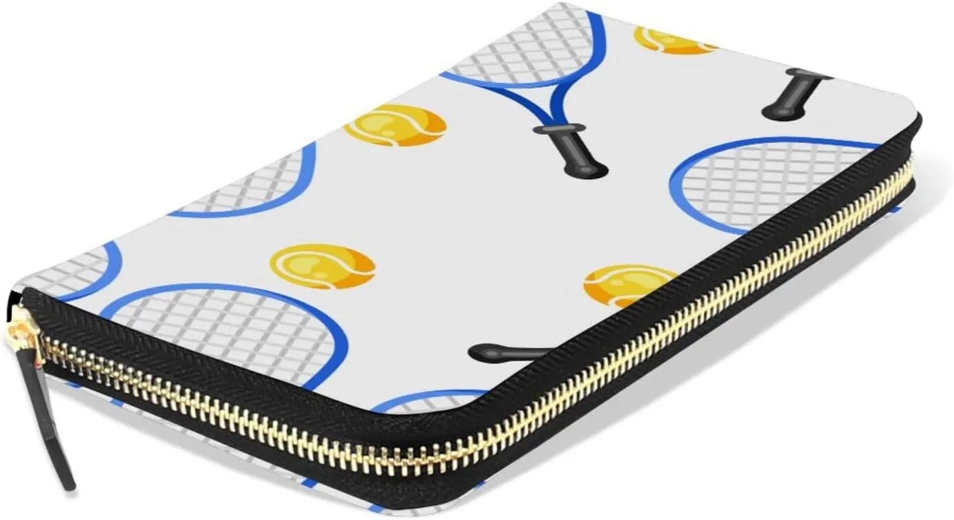 Seamless Blue Tennis Rackets and Yellow Balls On White Leather Long Wallet Organizer with Zipper Purse Clutch Bag for Women Men Key Card Coin Passport Checkbook 8 x 4 inch