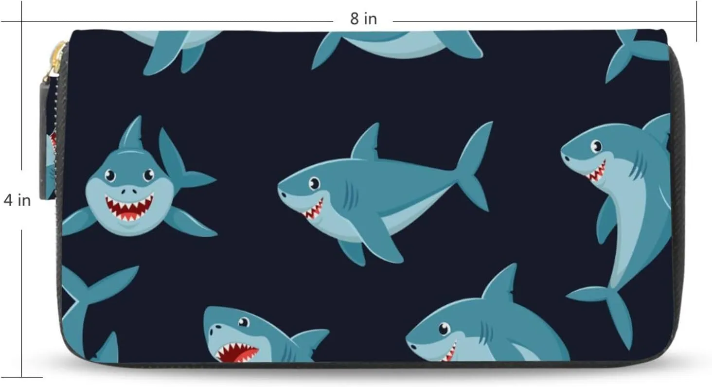 Seamless Cartoon Ocean Blue Comic Sharks Fishes on Dark Leather Long Wallet Organizer with Zipper Purse Clutch Bag for Women Men Key Card Coin Passport Checkbook 8 x 4 inch