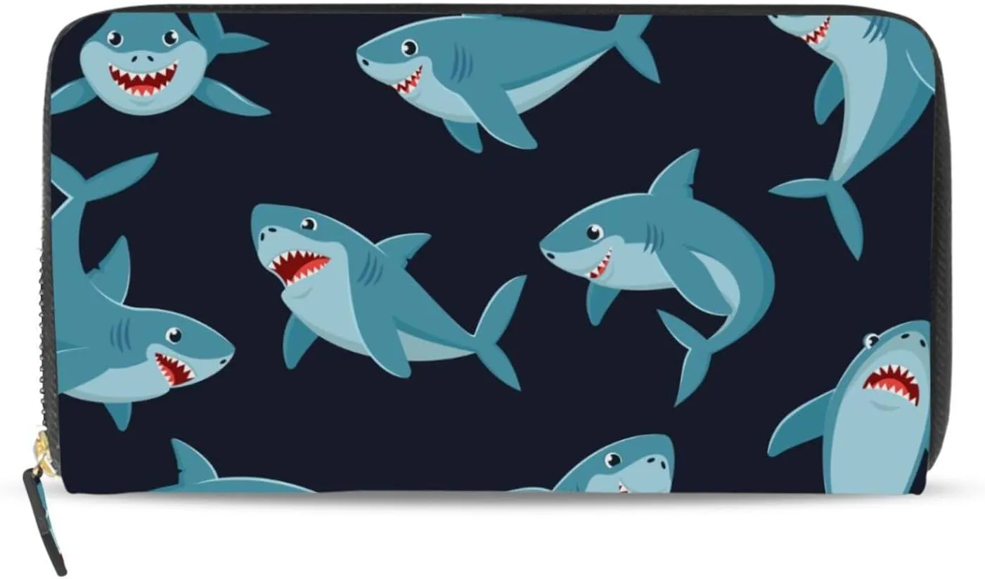Seamless Cartoon Ocean Blue Comic Sharks Fishes on Dark Leather Long Wallet Organizer with Zipper Purse Clutch Bag for Women Men Key Card Coin Passport Checkbook 8 x 4 inch