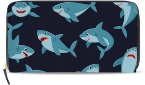Seamless Cartoon Ocean Blue Comic Sharks Fishes on Dark Leather Long Wallet Organizer with Zipper Purse Clutch Bag for Women Men Key Card Coin Passport Checkbook 8 x 4 inch