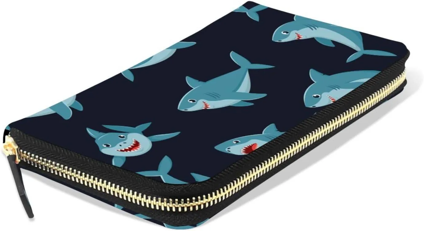 Seamless Cartoon Ocean Blue Comic Sharks Fishes on Dark Leather Long Wallet Organizer with Zipper Purse Clutch Bag for Women Men Key Card Coin Passport Checkbook 8 x 4 inch