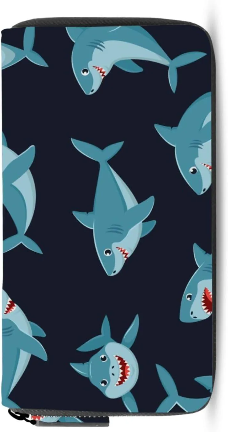 Seamless Cartoon Ocean Blue Comic Sharks Fishes on Dark Leather Long Wallet Organizer with Zipper Purse Clutch Bag for Women Men Key Card Coin Passport Checkbook 8 x 4 inch