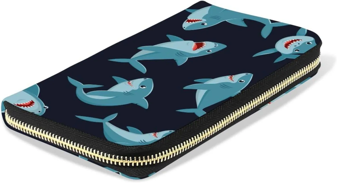 Seamless Cartoon Ocean Blue Comic Sharks Fishes on Dark Leather Long Wallet Organizer with Zipper Purse Clutch Bag for Women Men Key Card Coin Passport Checkbook 8 x 4 inch