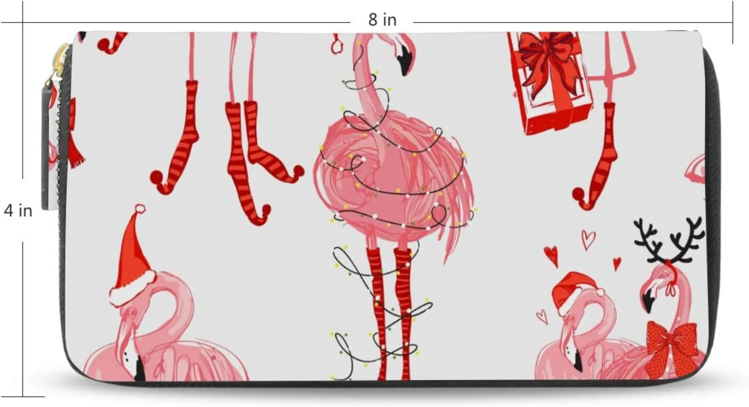Seamless Christmas Winter Pink Flamingos in XMAS Clothes on White Leather Long Wallet Organizer with Zipper Purse Clutch Bag for Women Men Key Card Coin Passport Checkbook 8 x 4 inch