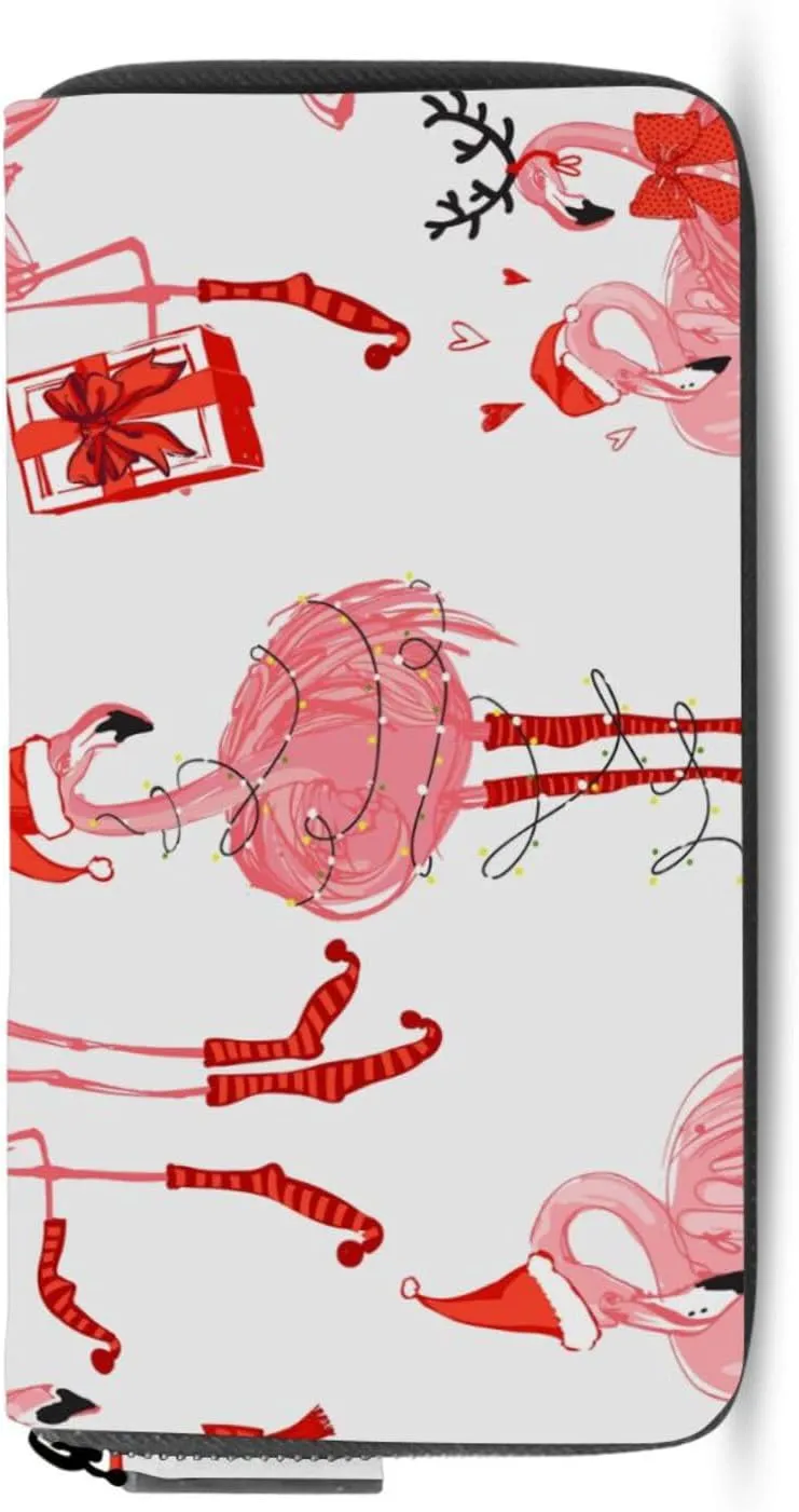 Seamless Christmas Winter Pink Flamingos in XMAS Clothes on White Leather Long Wallet Organizer with Zipper Purse Clutch Bag for Women Men Key Card Coin Passport Checkbook 8 x 4 inch