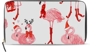 Seamless Christmas Winter Pink Flamingos in XMAS Clothes on White Leather Long Wallet Organizer with Zipper Purse Clutch Bag for Women Men Key Card Coin Passport Checkbook 8 x 4 inch