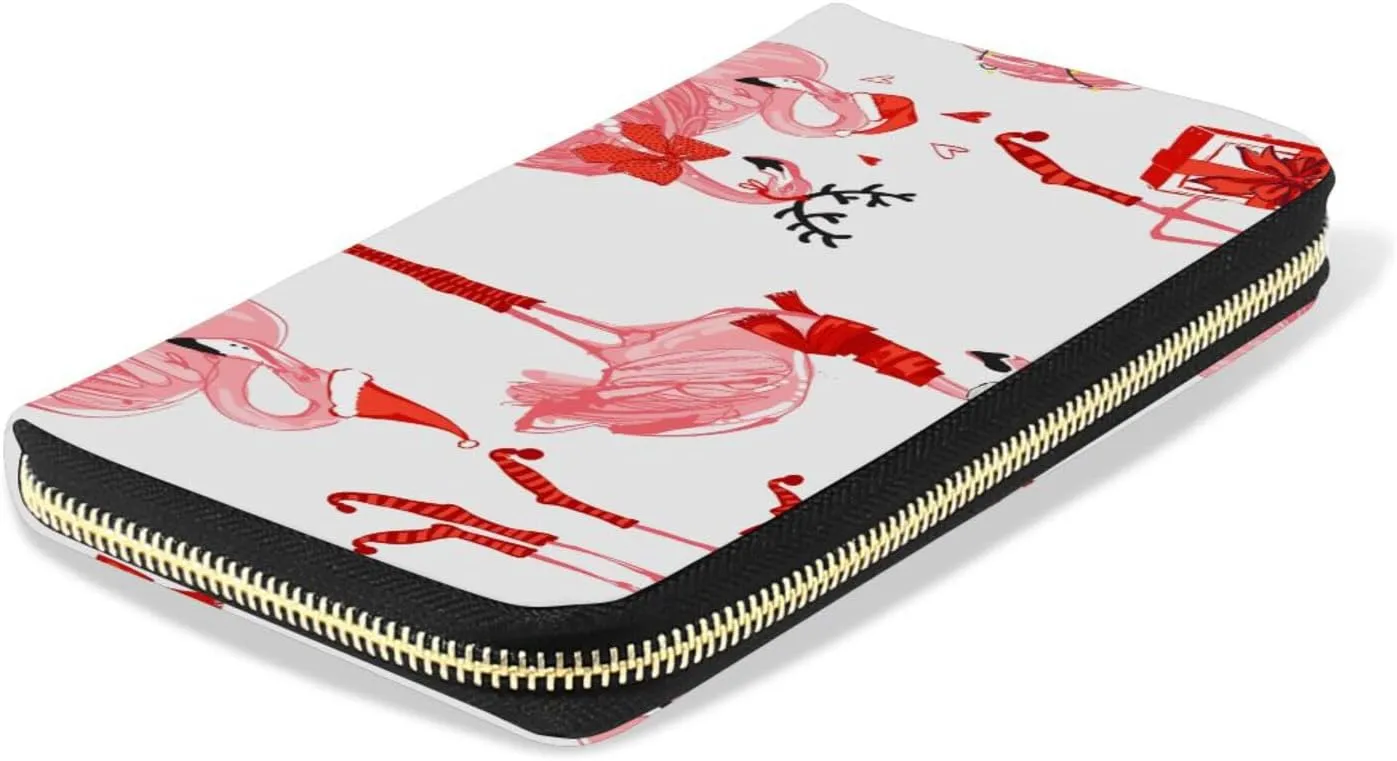 Seamless Christmas Winter Pink Flamingos in XMAS Clothes on White Leather Long Wallet Organizer with Zipper Purse Clutch Bag for Women Men Key Card Coin Passport Checkbook 8 x 4 inch