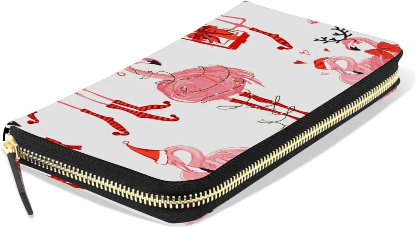 Seamless Christmas Winter Pink Flamingos in XMAS Clothes on White Leather Long Wallet Organizer with Zipper Purse Clutch Bag for Women Men Key Card Coin Passport Checkbook 8 x 4 inch