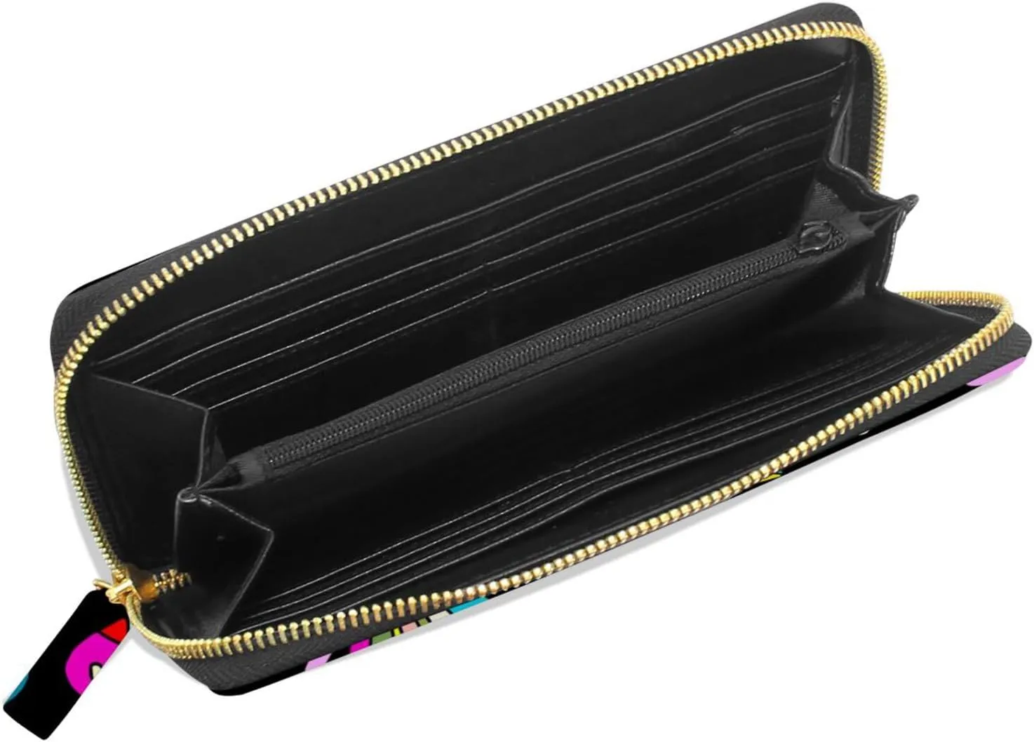 Seamless Colorful Dragonflies Flowers on Black Dark Background Leather Long Wallet Organizer with Zipper Purse Clutch Bag for Women Men Key Card Coin Passport Checkbook 8 x 4 inch