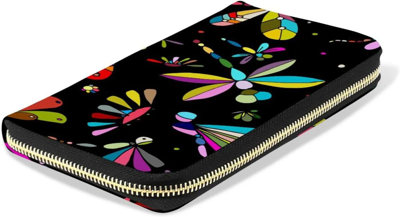 Seamless Colorful Dragonflies Flowers on Black Dark Background Leather Long Wallet Organizer with Zipper Purse Clutch Bag for Women Men Key Card Coin Passport Checkbook 8 x 4 inch