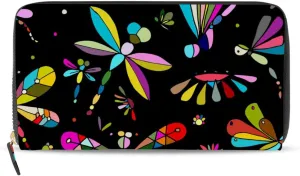 Seamless Colorful Dragonflies Flowers on Black Dark Background Leather Long Wallet Organizer with Zipper Purse Clutch Bag for Women Men Key Card Coin Passport Checkbook 8 x 4 inch