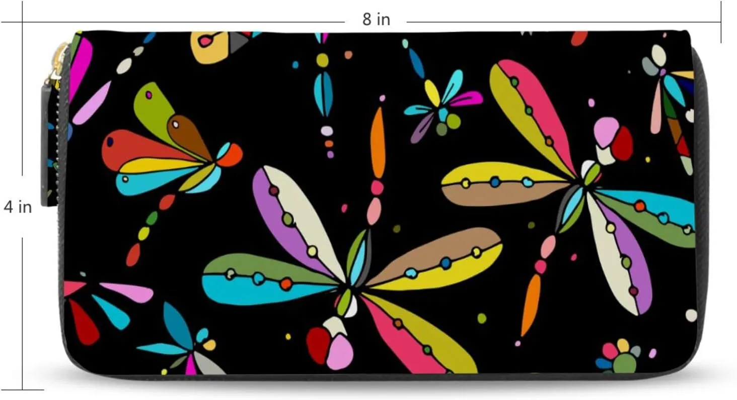 Seamless Colorful Dragonflies Flowers on Black Dark Background Leather Long Wallet Organizer with Zipper Purse Clutch Bag for Women Men Key Card Coin Passport Checkbook 8 x 4 inch