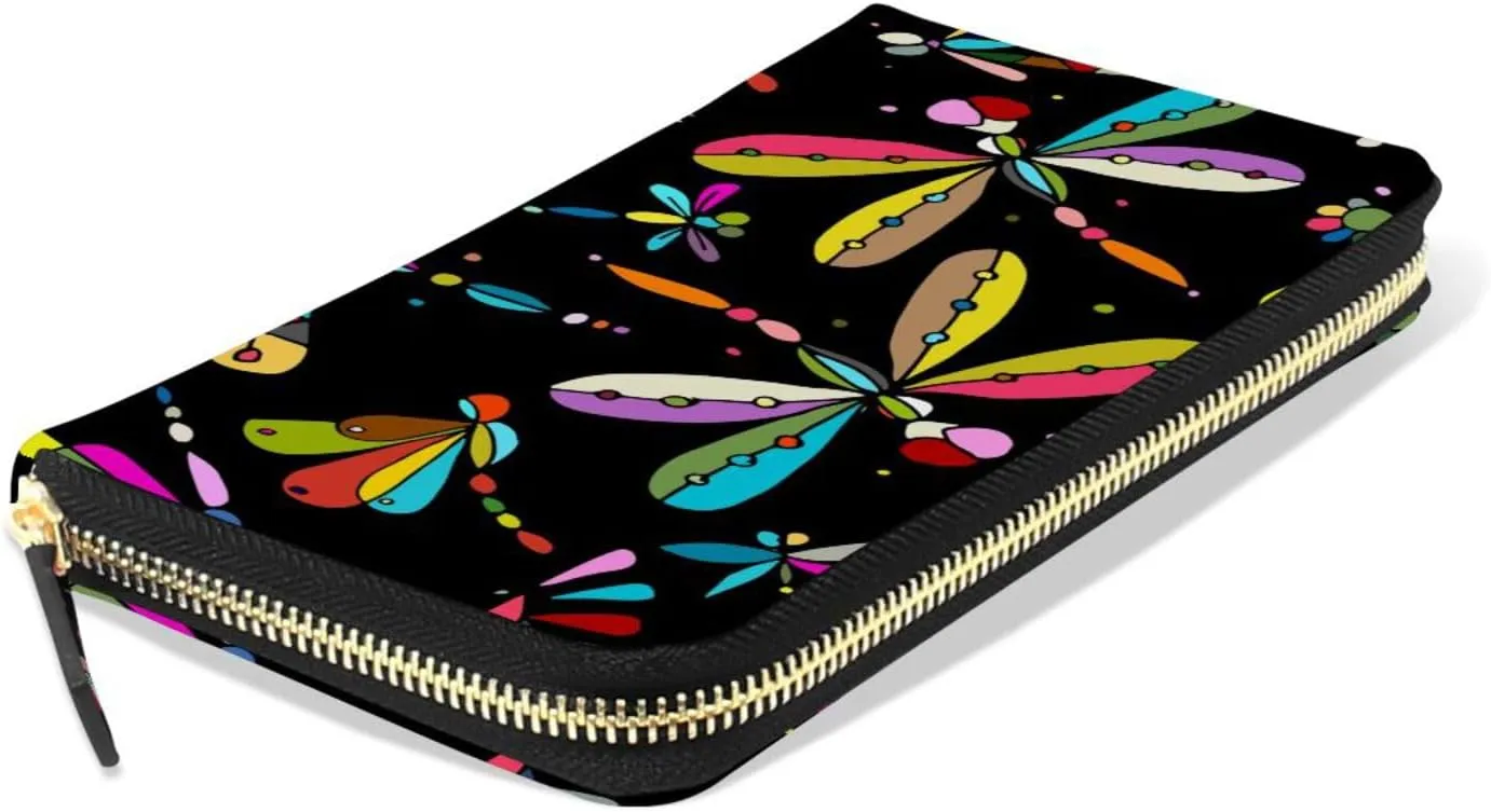 Seamless Colorful Dragonflies Flowers on Black Dark Background Leather Long Wallet Organizer with Zipper Purse Clutch Bag for Women Men Key Card Coin Passport Checkbook 8 x 4 inch
