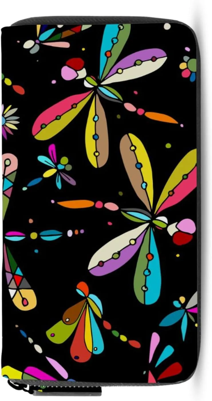 Seamless Colorful Dragonflies Flowers on Black Dark Background Leather Long Wallet Organizer with Zipper Purse Clutch Bag for Women Men Key Card Coin Passport Checkbook 8 x 4 inch