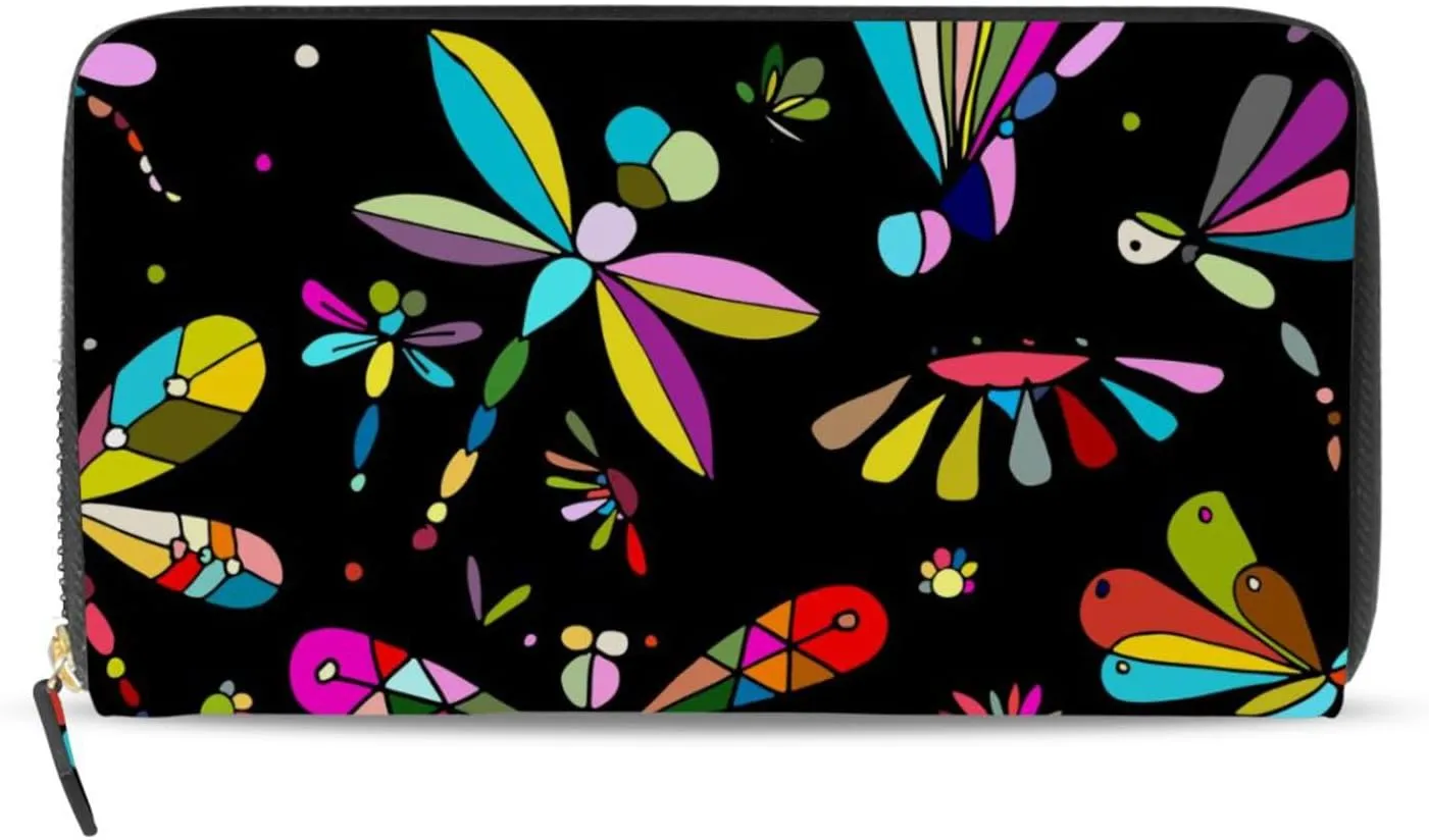 Seamless Colorful Dragonflies Flowers on Black Dark Background Leather Long Wallet Organizer with Zipper Purse Clutch Bag for Women Men Key Card Coin Passport Checkbook 8 x 4 inch
