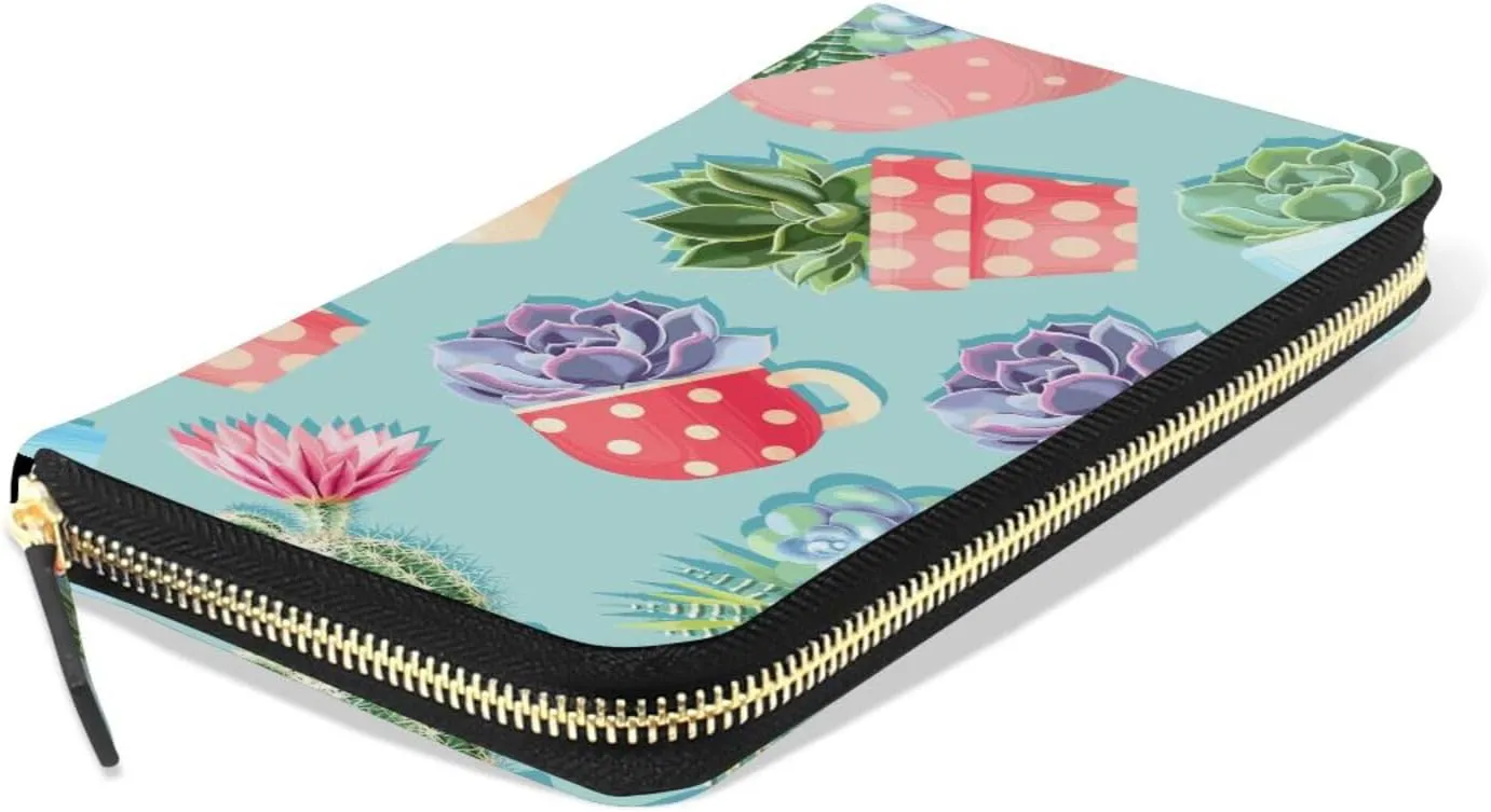 Seamless Colorful Succulent and Cactus On Turquoise Leather Long Wallet Organizer with Zipper Purse Clutch Bag for Women Men Key Card Coin Passport Checkbook 8 x 4 inch