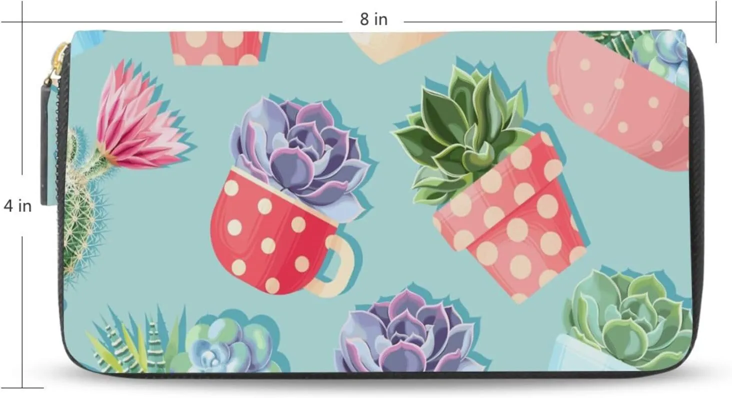 Seamless Colorful Succulent and Cactus On Turquoise Leather Long Wallet Organizer with Zipper Purse Clutch Bag for Women Men Key Card Coin Passport Checkbook 8 x 4 inch