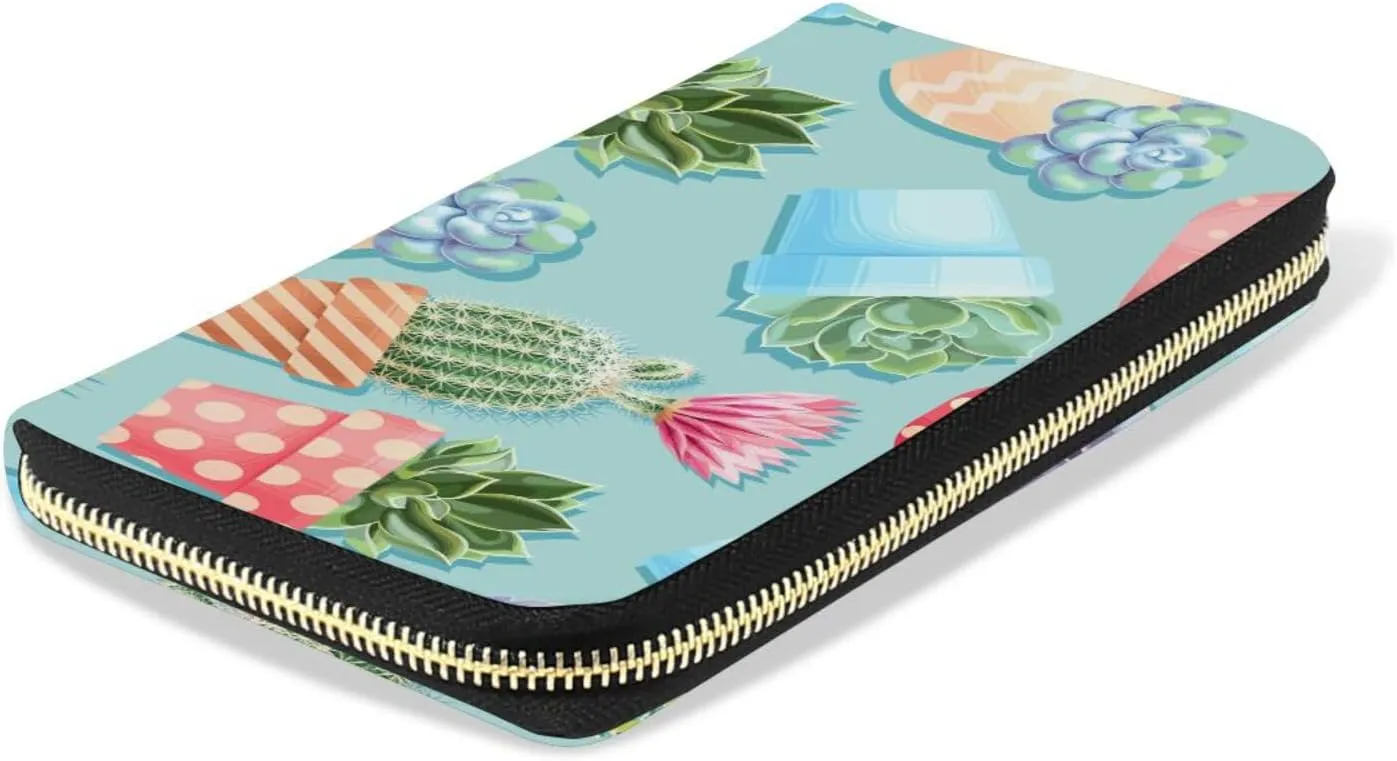 Seamless Colorful Succulent and Cactus On Turquoise Leather Long Wallet Organizer with Zipper Purse Clutch Bag for Women Men Key Card Coin Passport Checkbook 8 x 4 inch
