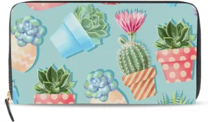 Seamless Colorful Succulent and Cactus On Turquoise Leather Long Wallet Organizer with Zipper Purse Clutch Bag for Women Men Key Card Coin Passport Checkbook 8 x 4 inch