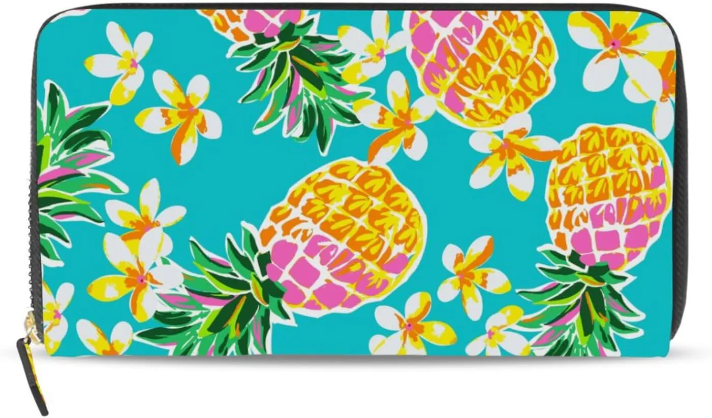 Seamless Fashion Pineapples Tropical Flowers on Turquoise Leather Long Wallet Organizer with Zipper Purse Clutch Bag for Women Men Key Card Coin Passport Checkbook 8 x 4 inch