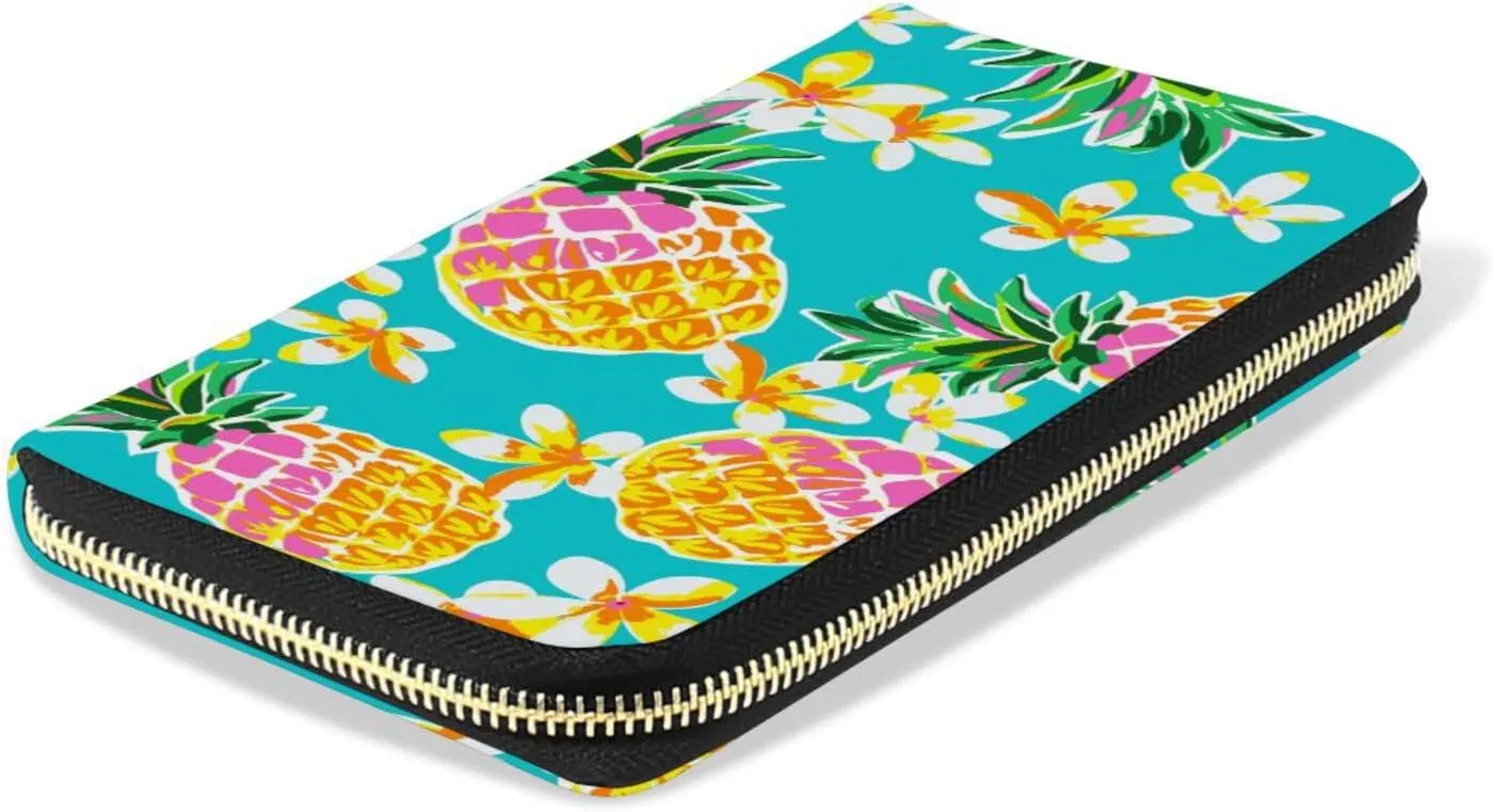 Seamless Fashion Pineapples Tropical Flowers on Turquoise Leather Long Wallet Organizer with Zipper Purse Clutch Bag for Women Men Key Card Coin Passport Checkbook 8 x 4 inch
