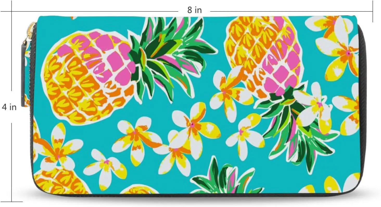 Seamless Fashion Pineapples Tropical Flowers on Turquoise Leather Long Wallet Organizer with Zipper Purse Clutch Bag for Women Men Key Card Coin Passport Checkbook 8 x 4 inch