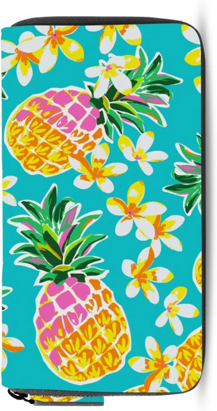 Seamless Fashion Pineapples Tropical Flowers on Turquoise Leather Long Wallet Organizer with Zipper Purse Clutch Bag for Women Men Key Card Coin Passport Checkbook 8 x 4 inch