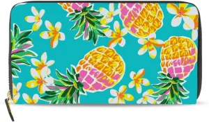 Seamless Fashion Pineapples Tropical Flowers on Turquoise Leather Long Wallet Organizer with Zipper Purse Clutch Bag for Women Men Key Card Coin Passport Checkbook 8 x 4 inch