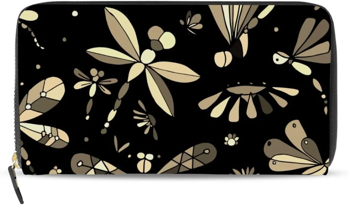 Seamless Retro Dragonflies Flowers on Black Dark Background Leather Long Wallet Organizer with Zipper Purse Clutch Bag for Women Men Key Card Coin Passport Checkbook 8 x 4 inch