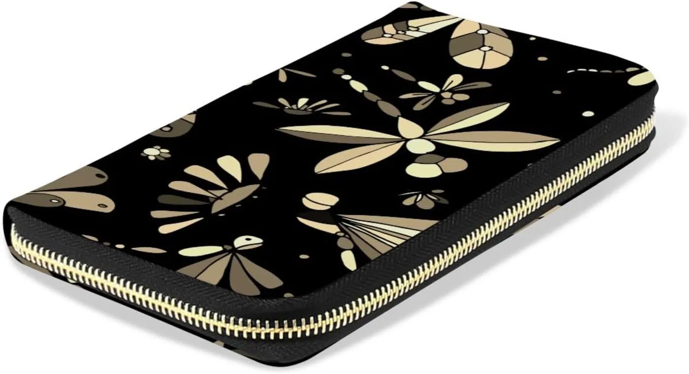 Seamless Retro Dragonflies Flowers on Black Dark Background Leather Long Wallet Organizer with Zipper Purse Clutch Bag for Women Men Key Card Coin Passport Checkbook 8 x 4 inch