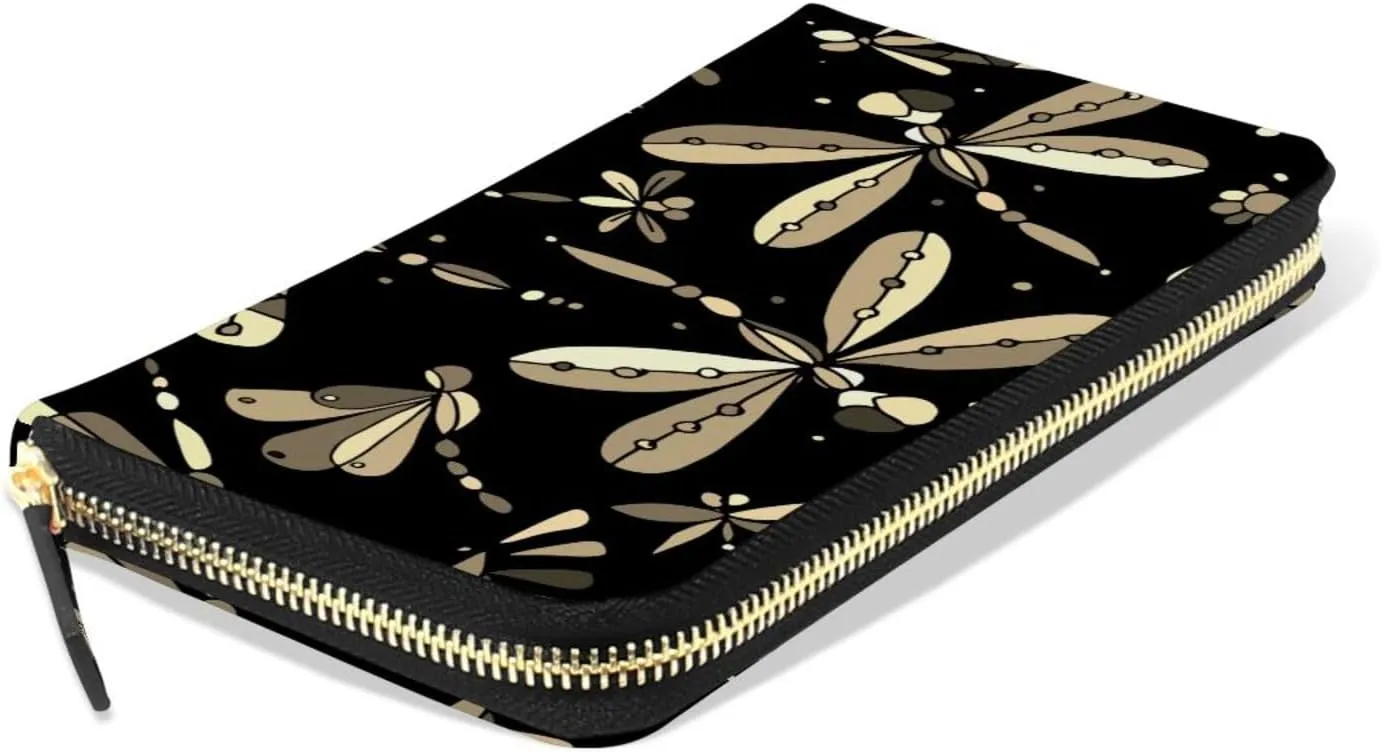 Seamless Retro Dragonflies Flowers on Black Dark Background Leather Long Wallet Organizer with Zipper Purse Clutch Bag for Women Men Key Card Coin Passport Checkbook 8 x 4 inch