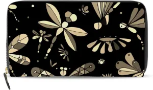 Seamless Retro Dragonflies Flowers on Black Dark Background Leather Long Wallet Organizer with Zipper Purse Clutch Bag for Women Men Key Card Coin Passport Checkbook 8 x 4 inch
