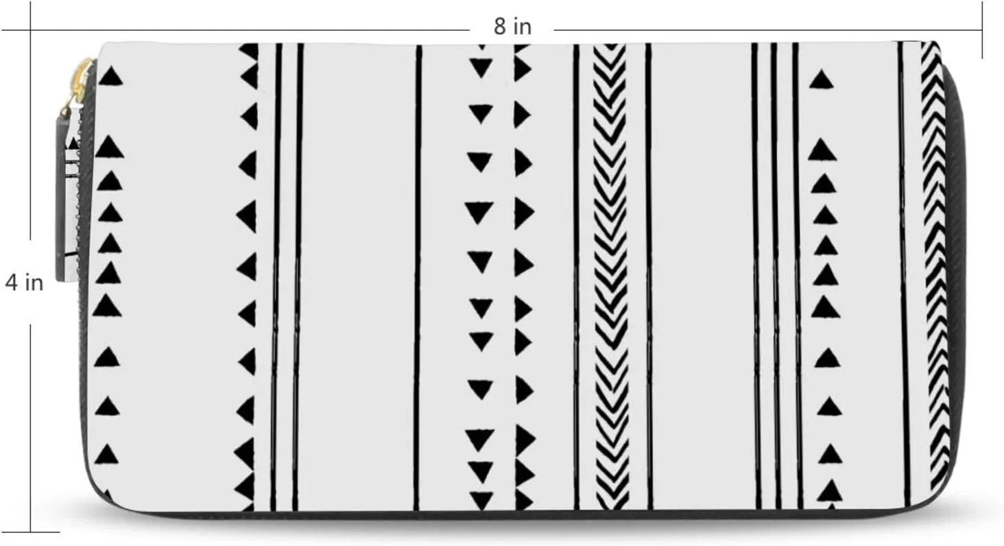 Seamless Triangles Stripes Chevrons Black and White Pattern Leather Long Wallet Organizer with Zipper Purse Clutch Bag for Women Men Key Card Coin Passport Checkbook 8 x 4 inch