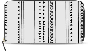 Seamless Triangles Stripes Chevrons Black and White Pattern Leather Long Wallet Organizer with Zipper Purse Clutch Bag for Women Men Key Card Coin Passport Checkbook 8 x 4 inch