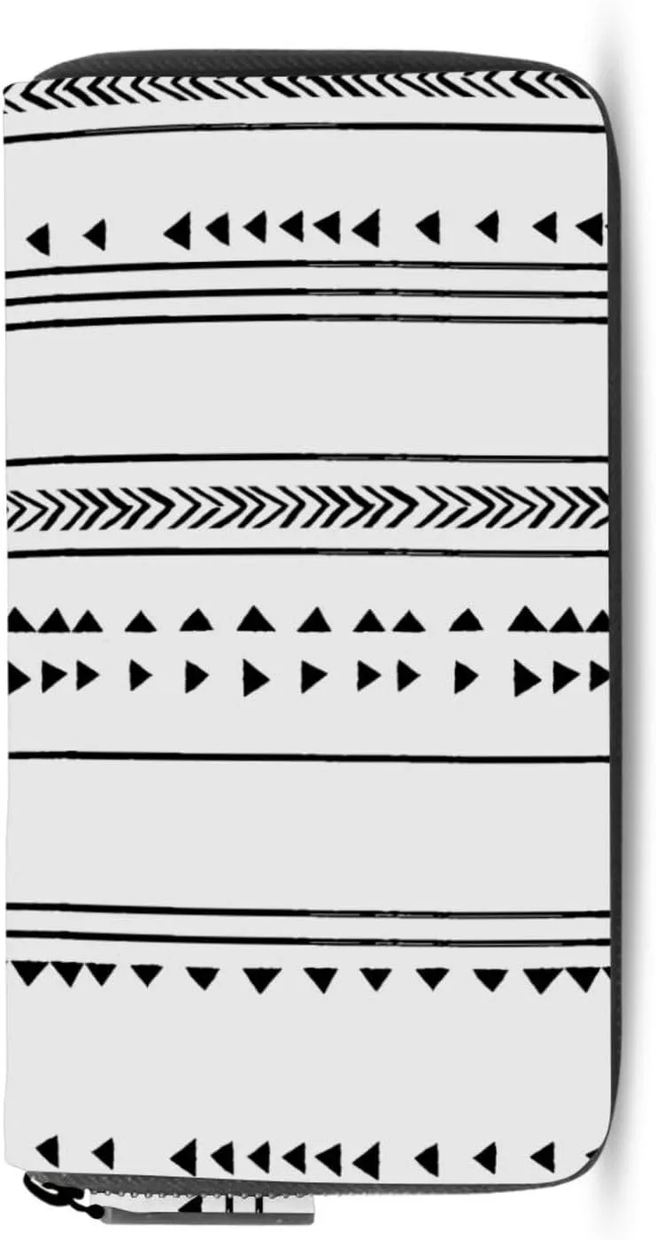 Seamless Triangles Stripes Chevrons Black and White Pattern Leather Long Wallet Organizer with Zipper Purse Clutch Bag for Women Men Key Card Coin Passport Checkbook 8 x 4 inch