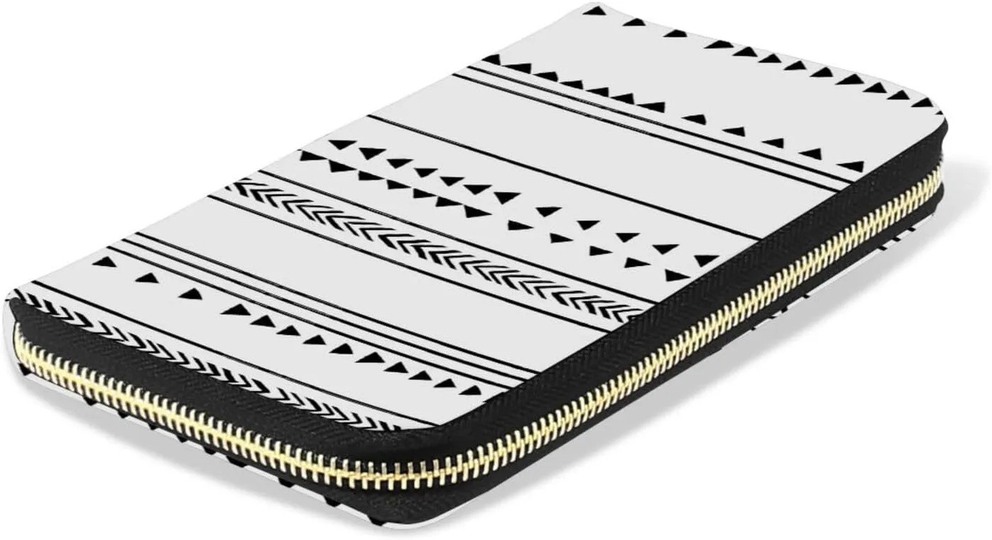 Seamless Triangles Stripes Chevrons Black and White Pattern Leather Long Wallet Organizer with Zipper Purse Clutch Bag for Women Men Key Card Coin Passport Checkbook 8 x 4 inch