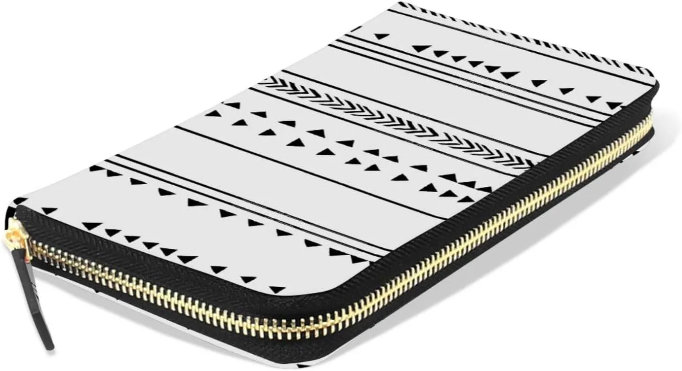 Seamless Triangles Stripes Chevrons Black and White Pattern Leather Long Wallet Organizer with Zipper Purse Clutch Bag for Women Men Key Card Coin Passport Checkbook 8 x 4 inch